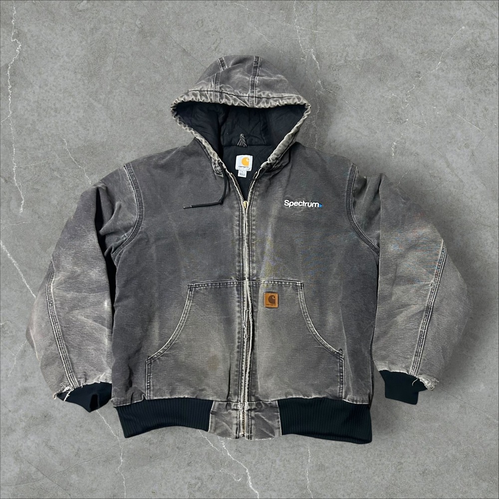 Carhartt Active Jacket Mens Large Black Faded Canvas J130-BLK Hooded Workwear